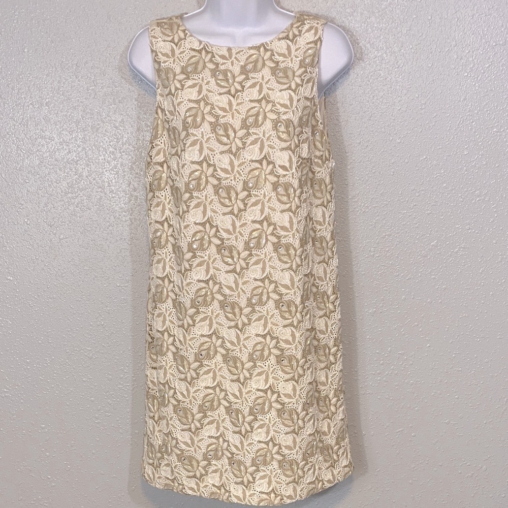 🆕 Alice + Olivia Lizzie Embellished Cream and Brown Floral Mini Shift Dress - Picture 2 of 10